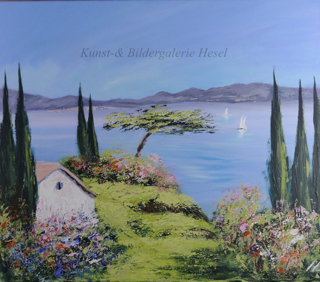 Mediterrane Landschaftsmalerei Auf Leinwand 60x90cm - Wandbild Für Wohnzimmer & Schlafzimmer