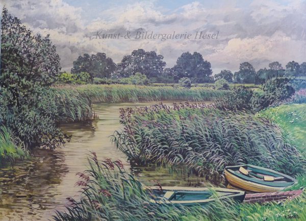 Boote am schilfbewachsenem Flusslauf der Jümme, Künstler: Karl Jänich, Stickhausen